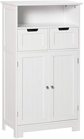 kleankin Mobile Bagno Multiuso Salvaspazio, Armadietto da Bagno con Armadietto 2 Ante, Mensola e 2 Cassetti Regolabili, 60x30x108.8cm, Bianco