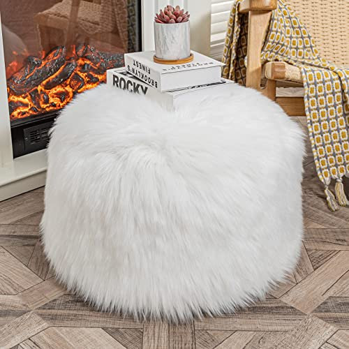 Pouf ottoman en fourrure non rembourré blanc avec repose-pieds sans remplissage, 50,8 x 50,8 x 30,5 cm, pouf de sol rond, pliable, pour salon, chambre à coucher, housse blanche uniquement