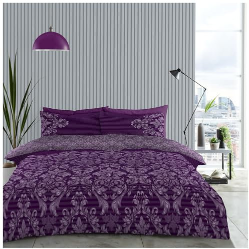 GC GAVENO CAVAILIA Damask Floral Super King Size Duvet Cover Sets With Matching Pillowcases, Botanical Purple Bedding Sets, Reversible Striped Quilt Cover
