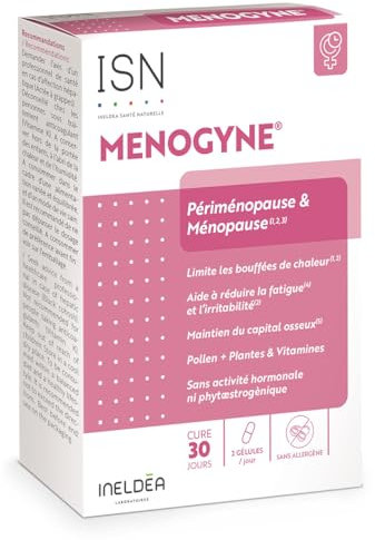 ISN - Menogyne® - Ménopause & Préménopause - Limite les bouffées de chaleur & sueurs nocturnes - Rééquilibre l'activité hormonale - Pollen, Rhodiole, Vitamines B6, B9 & B12 - Cure 30 jours