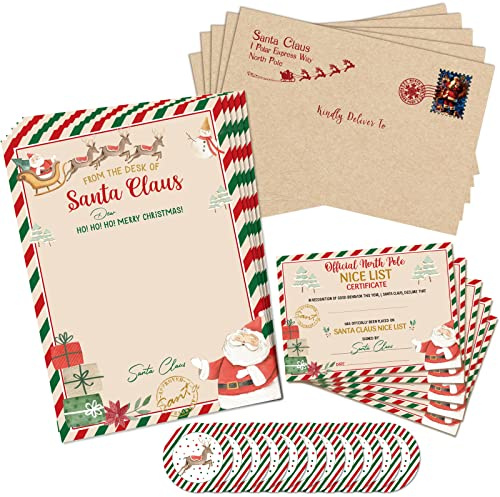 Whaline Offizieller Weihnachtsbrief und Zertifikat vom Weihnachtsmann, enthält 5 Nordpol-Schriftbriefe, 5 schöne Liste, Zertifikate, 5 Umschläge, 10 Aufkleber für Jungen, Mädchen, Familie