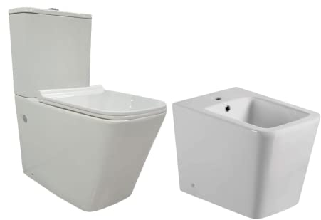 Pack Wc Inodoro Completo Cerámico Blanco Fondo Reducido Rimless y Tapa Extrafina Caída Amortiguada + Bidet a Suelo de Baño Moderno - Sin tapa y Fácil Limpieza ADRA (Pack Wc + Bidet)