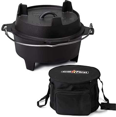 Grillfürst Dutch Oven ca. 4 Liter - stabil stehender Feuertopf durch speziell entwickelte T-Füße, hitzebeständiger Gusseisen Topf, Deckel als Pfanne nutzbar, DO 4 inkl. Aufbewahrungstasche