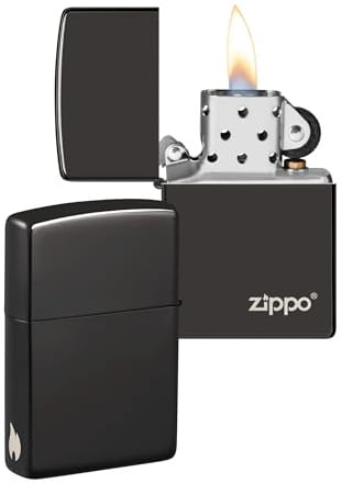 Zippo Sturmfeuerzeug - High Polish Black mit Logo & seitlicher Flammengravur - Nachfüllbar - Wiederverwendbar - Windfestes Design - Made in USA - Amazon Exclusive