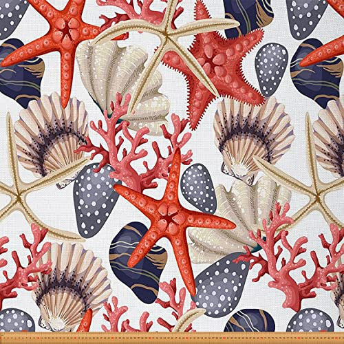 Muschelstoff Meterware Meeressterne Polsterstoff für Stühle Koralle Dekostoff Nautische Meerestiere Botanischer Draussen Stoff Stein Wasserdichter Stoff Blau Rot 184 x 150 (HxB)