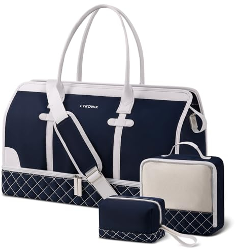 ETRONIK Weekender Reisetasche Damen, Große Reisetasche mit Schuhfach & Nass-Tasche, Tragetasche Sporttasche mit Kulturtasche, Tasche für Krankenhaus 3er Set Blue