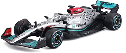 Bburago Mercedes AMG Petronas F1 Team W13 (2022): Modellauto im Maßstab 1:43, #63 George Russel, Windowbox, Silber (18-38065R)
