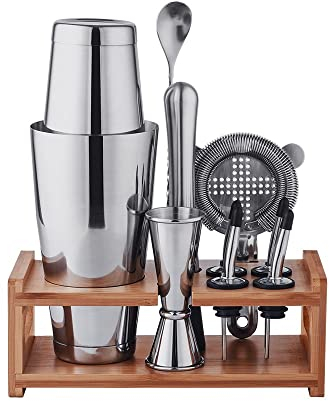 TAHAILIN Boston Cocktail-Shaker-Set mit Stößel, Eispickel, Ausgießer und Bambusständer – ideal für Zuhause und professionelle Bars – perfekt für Cocktails und Getränke auf Partys, Veranstaltungen.