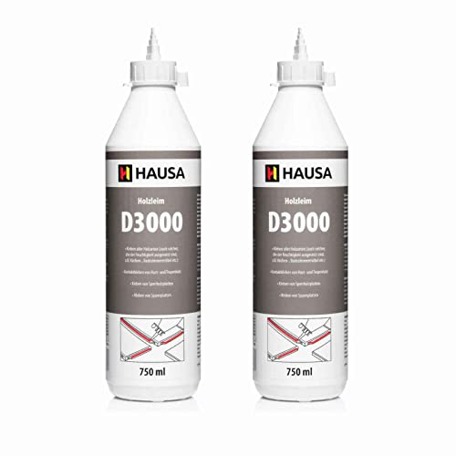 Hausa D3 Colla per legno 2 x bottiglie da 750 ml, impermeabile, colla bianca, senza solventi, colla da costruzione, extra forte, per lavori di incollaggio e artigianato, resistente al calore