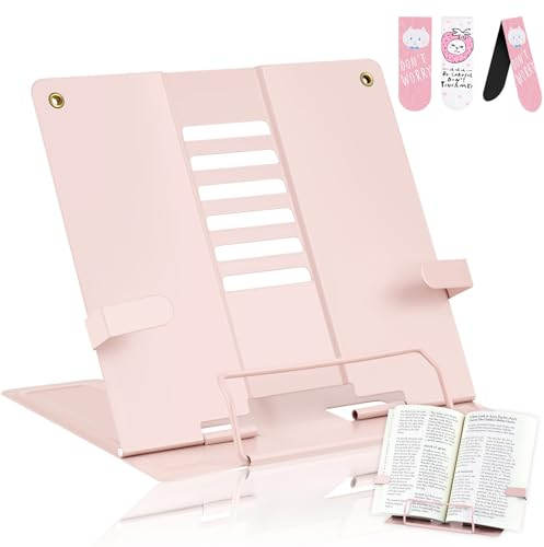 Support de Lecture Métal, Portable réglable Support Livre en métal, Support de Livre de Cuisine 6 Hauteurs Réglables, Pliable Porte-Livre pour Livres/Tablette/Recette/Manuel/Partitions, Rose