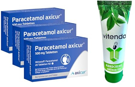 Paracetamol Axicur 500 mg Tabletten 3x20 Stück inclusive einer Handcreme von vitenda - Der gut verträgliche Klassiker hilft gegen Schmerzen und Fieber