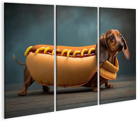 islandburner Bild auf Leinwand Dackel im Hot Dog Kostüm Halloween Bilder Wandbilder Poster