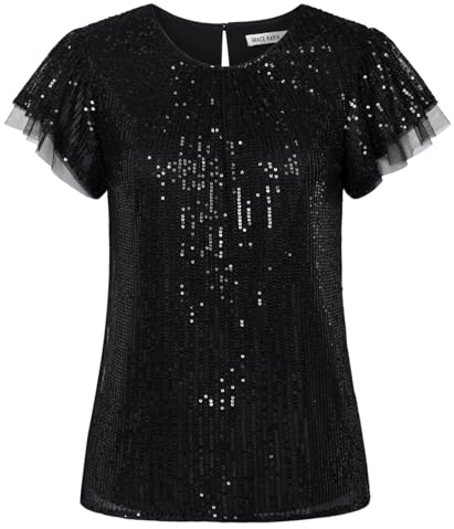 GRACE KARIN Damen Glänzend Cocktailparty Kurzarm Tops Rundhalsausschnitt Pailletten Pullover Schwarz XXL