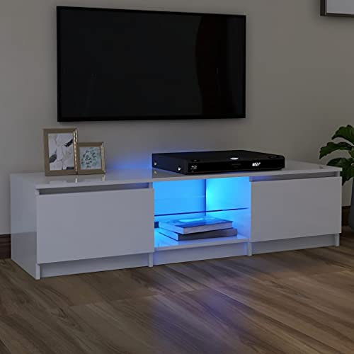 FENLAX Mueble de TV de Madera contrachapada con Luces LED 140x40x35,5cm Blanco con Brillo Mesa TV Salon Armarios para TV Mueble De Televisión TV Table Mueble Multimedia para Salas De Estar