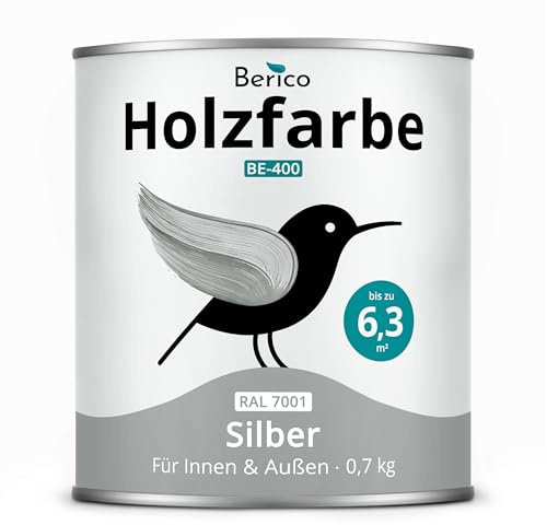 Berico Holzfarbe 0,7 Kg - 4in1 Premium Holzlack - RAL 7001 Silber | Robuster Holz- & Wetterschutz inkl. Grundierung, für Innen & Außen, schnelle Trocknung, hohe Deckkraft