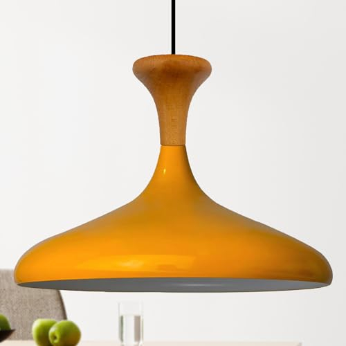 bamyum Champion Pendelleuchte aus Holz, 35 cm Hängelampe Metall E27 Moderne Esstisch Lampe, Skandinavisch Pendellampe für Schlafzimmer Wohnzimmer Küche Esstisch, Küchenlampe Hängend Dunkelgelb
