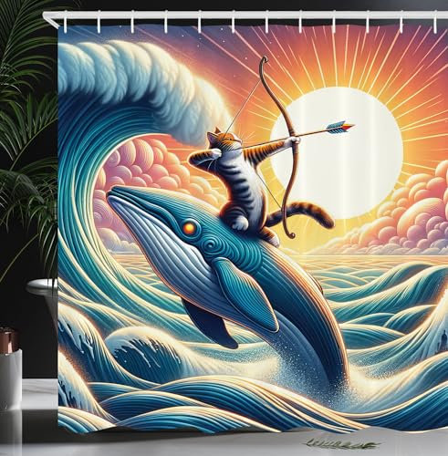 ABAKUHAUS Nautisch Duschvorhang, Surreale abstrakte Szene eines Bogenschützen Wildkatze auf einem Walsonnenuntergangsozean, Stoffliches Gewebe mit Haken, 175 x 200 cm, Teal, Lila Orange