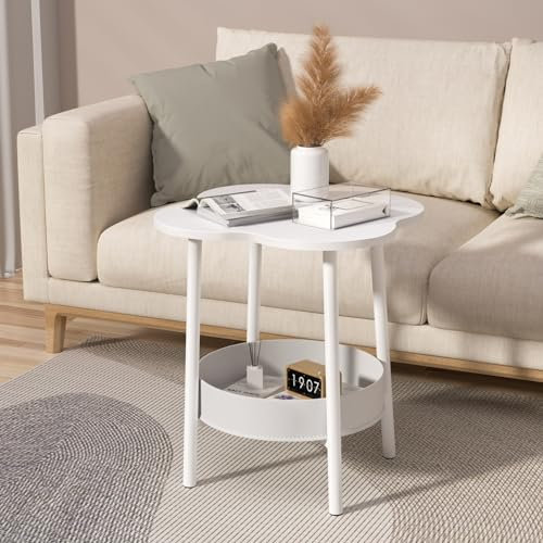 Makamsui Petite table basse en forme de fleur avec étagère de rangement à 2 niveaux, table de canapé de style moderne, table d'appoint pour petit espace, table basse, table de cocktail, blanc