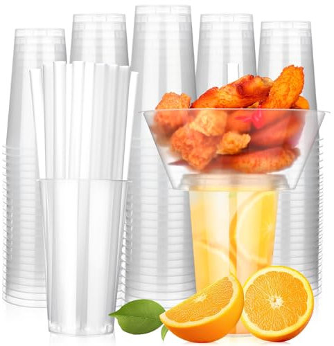 SiliFine 25 Sets of Drink and Snack Cup with Straws Set Disposable Plastic Stadium Tumbler with Snack Bowl Cup with Snack Holder Sip Snack Cups for French Fries Fried Chicken Fruit