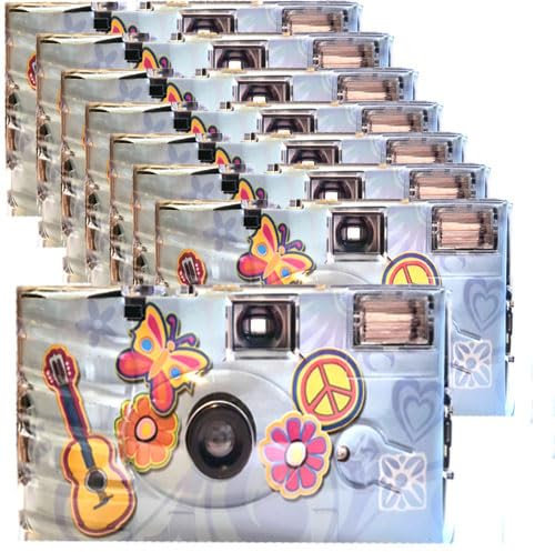 Lot de 8 appareils photo jetables 1A PHOTO PORST Edition Flower Power, fleurs et papillon, avec flash, piles et film (lot de 8, 27 prises chacune)
