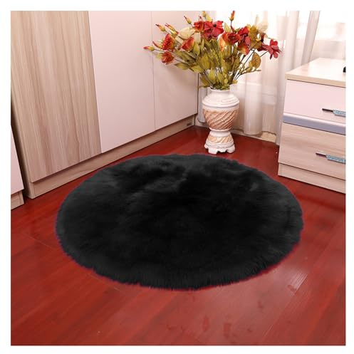 Faux Lammfell Schaffell Runder Teppich 80*80cm Schwarz Flauschig Kunstfell Teppich Longhair Fell Weiche Nachahmung Wolle Bettvorleger Sofa Matte Rutschfester Waschbarer Plüsch Fußmatte Heim Deko