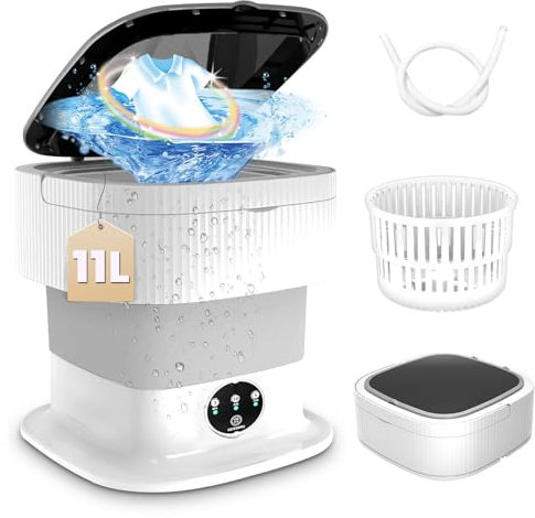 Portable Washing Machine, Mini Washing Machine with 11L Capacity and Spin Dryer, Drainage and Inlet Hose, Blue Light, Suitable for Deep Cleaning of Underwear, Socks, Baby Clothes (Grey)