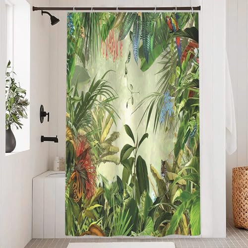 Uiiooazy Rideau Douche Anti Moisissure, Rideau de Douche 120x180cm Jungle Vert Feuilles de Palmier Tropicale Forêt Rideaux de Baignoire Tissu Lavable Imperméable Rideaux Salle de Bain avec 8 Crochets