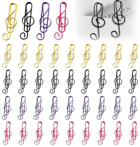 WeddHuis 40-teilige Metallklammern in Musiknotenform, dekorative Büroklammern (Rosa + Gold + Schwarz + Lila)