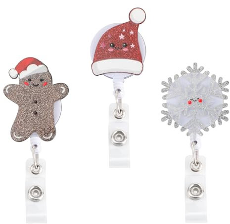 3pcs Porte-Badges de Noël, Porte-Badges Mignon en Forme de Bonhomme de Neige avec Clip Pivotant en Crocodile Enrouleurs de Badges d'Infirmière de Vacances pour Infirmières Étudiants Enseignants
