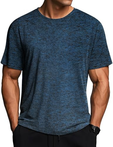 Weardear Sports Shirt Men Breathable Gym T-Shirt Short Sleeve Fitness Running Shirts Quick-Drying Workout Tops Round Neck Jogging Training Clothes Navy Blue