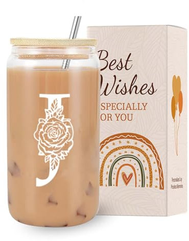 VivaJoy A-Z Initial Personalised Birthday Gifts for Women - Monogrammed Gifts for Women,Initial Letter J,Glass Cups with Lids Straws, Funny Christmas or Birthday Gifts for Her,Mum,Friend,Sister