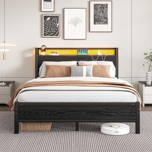 MOFLUT King Size Bed Frame with Wooden Storage Headboard Shelf, 5ft Wooden Bed Frame Kingsize with Charging Station/USB Ports and LED Lights, Black
