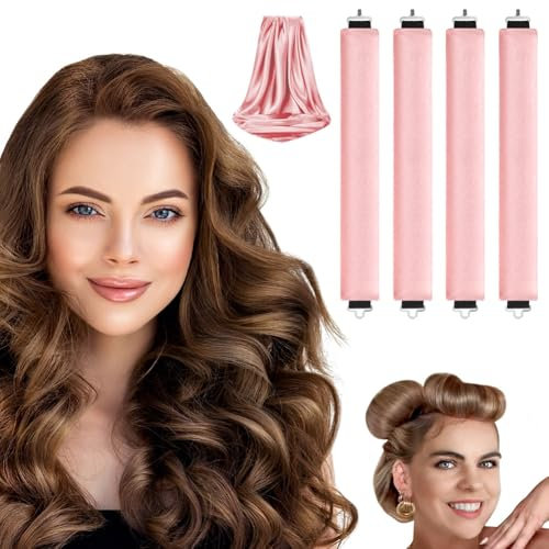 LOPHE 4 Stück Hitzefreie Lockenwickler, Overnight Blowout Locken Ohne Hitze, Hitzefreier Lockenstab für alle Haartypen,DIY Heatless Curls Band Frisurenset Für Langes (Rosa)
