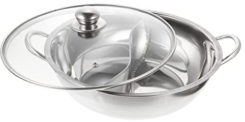 ABOOFAN Stainless Steel Hot Pot with Divider and Tempered Glass Lid 32cm Thickened Dual Compartment Cooking Pot for Induction Cooktop
