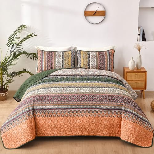 WONGS BEDDING Tagesdecke 240x260 Bettüberwurf Boho Decke Steppdecke 3 Teilig Doppelbett Gesteppt Bettdecke Mikrofaser Wohndecke mit 2 Kissenbezug 50x75 für Schlafzimmer als Sofaüberwurf, Green Orange