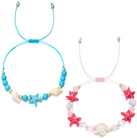 2 Stück Bohemian Style Seestern Muschel Armband Schildkröten Armband Conch Crushed Stone Reisperlen gewebtes Perlenarmband Strand Seestern Muschel Strang Armband Bohème Stil Ozean Handgefertigt Gewebt