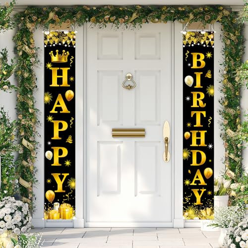Decoración de Cumpleaños, Pancarta de Feliz Cumpleaños Grande, Pancarta de Extra Larga 9.8x1.6 Pies, Decoración de Fiesta al Aire Libre para Niños/Adolescentes/Mujeres (Schwarzes Gold Veranda Schild)