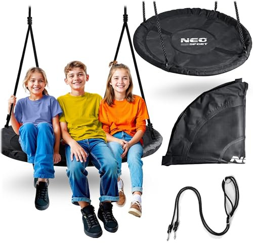 Neo-Sport Nestschaukel Outdoor 110 cm - Hängeschaukel mit Gestell - Maximale Belastung 150 kg - Wasserfest - Rund - Schwarz