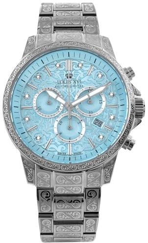 LOUIS XVI Palais Royale 2.0 1823 - Ø 43 mm - Herren Uhr - Wasserdicht - Armband Silber - Zifferblatt Baby Blau mit Diamanten - Schweizer Quarzwerk