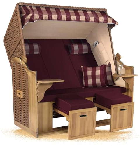 Strandkorb Hanse Ostsee XXL 2,5 Sitzer Volllieger Natur Beige 150cm breit, ideal für Garten, Terrasse und Balkon (Rot Beige Kariert Uni, Zerlegt)
