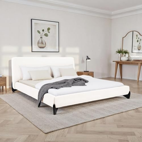 IDIMEX Polsterbett PATERNA gepolstert 180 x 200 cm, Weiß – modernes Doppelbett mit stabilem Lattenrost aus Holz, Bouclé Stoffbezug und Holzbeine Mid Century Design