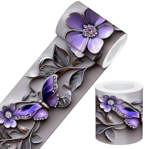 IVN Purple Butterfly Flower Peel and Stick Wallpaper Border 4 x 196 Inch Self Adhesive Removable Wall Trim Vinyl Border for Bathroom Kitchen Bedroom Bathroom Easy Install Decorative Wall Edge Accent