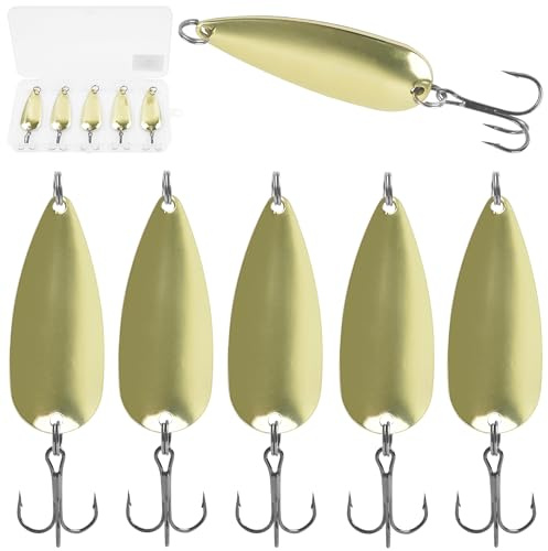 Spoon Fishing Lures, 5PCS Metal Saltwater Fishing Spoon Lures Colorful&Gold Hard Baits Saltwater Fishing Lure Spinner Bait Fish Treble Hooks Tackle Salmon Bass 7 Sizes (Gold, 3/16oz(5g) - 5pcs)