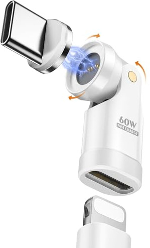 MoKo Lightning auf USB-C Magnetadapter 60W, 9-poliger Magnetischer Lightning Adapter mit 180°/360° Drehbarkeit, Lighting auf USB C Adapter für iPhone 17 Air 16 15 Pro Max/iPad/MacBook, Galaxy, Weiß