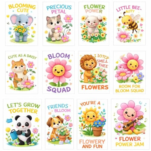 Heat Transfer Decals for T-Shirts, DTF Ready to Press Iron-On Transfers, Washable Flower and Animal Theme Designs for Clothing, Hats, Bags and DIY Crafts, 12.7x17.8cm, Pack of 12
