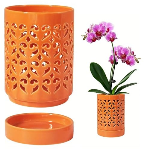 Otbushit Pots d'orchidées en céramique Orange avec Soucoupe, jardinière d'orchidées 5, 5x4 Pouces avec Trous et Drainage pour Plantes 'intérieur et 'extérieur