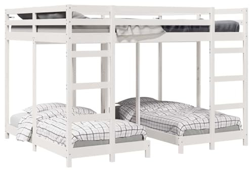 Qnhdfrt Dreifach Etagenbett 160 x 200 cm aus massivem Kiefernholz, 3-stöckiges Etagenbett für 4 Personen, platzsparendes Familienbett für Gästezimmer, Weiß