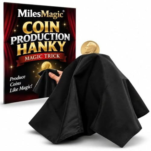 MilesMagic Magician's Deluxe Coin Production Hanky Gimmick Handkerchief | Stage Magic | Street Magic | Real Mid Air Produce Effect Close Up Magic Trick, Black