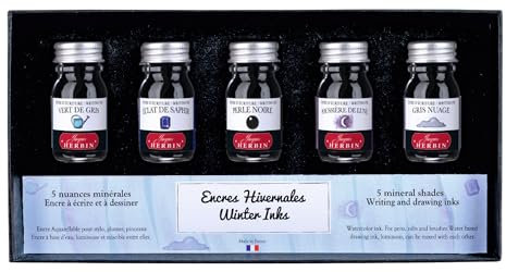 Jacques Herbin 18504T - Set of 5 bottles of 10 ml ink for fountain pens and rollerball pens, assorted winter Colours. Made in France - Drawing - Writing