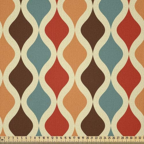 ABAKUHAUS Retro Stoff als Meterware, Funky Unterschiedliche Formen, Microfaser Stoff für Dekoratives Basteln, 1M (148x100cm),Senf Rot Blau